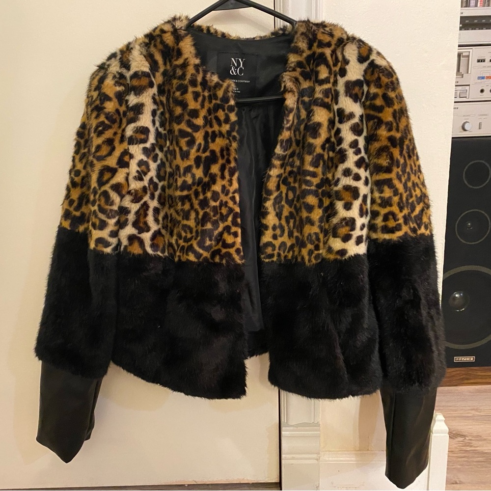 New York and Company faux fur and leather jacket NWOT